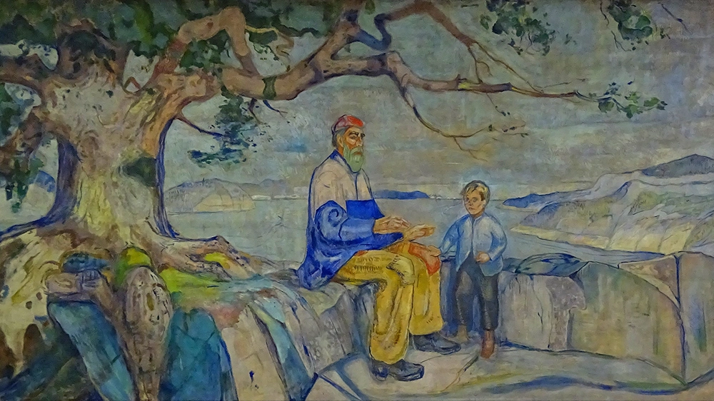 Et maleri i brede penselstrøk av en eldre mann og en liten gutt. Mannen sitter på en stein under et forgrenet tre og forteller og gestikulerer overfor gutten som følger med med store øyne. I bakgrunnen ser vi skjærgåden strekke seg ut med øyer og et lyst blått hav mot en gråblå himmel.