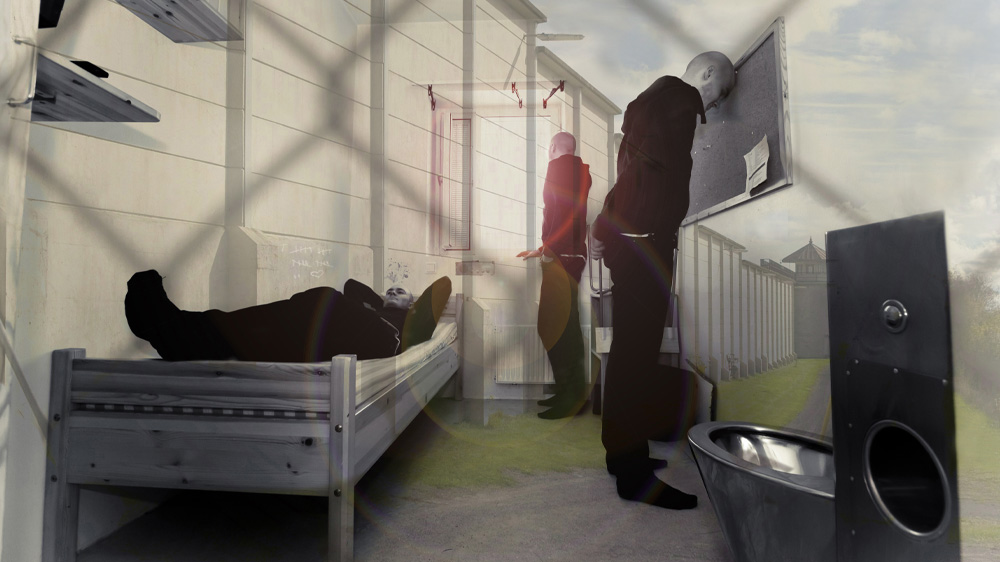 A collage of three men in different positions isolated in a prison cell.