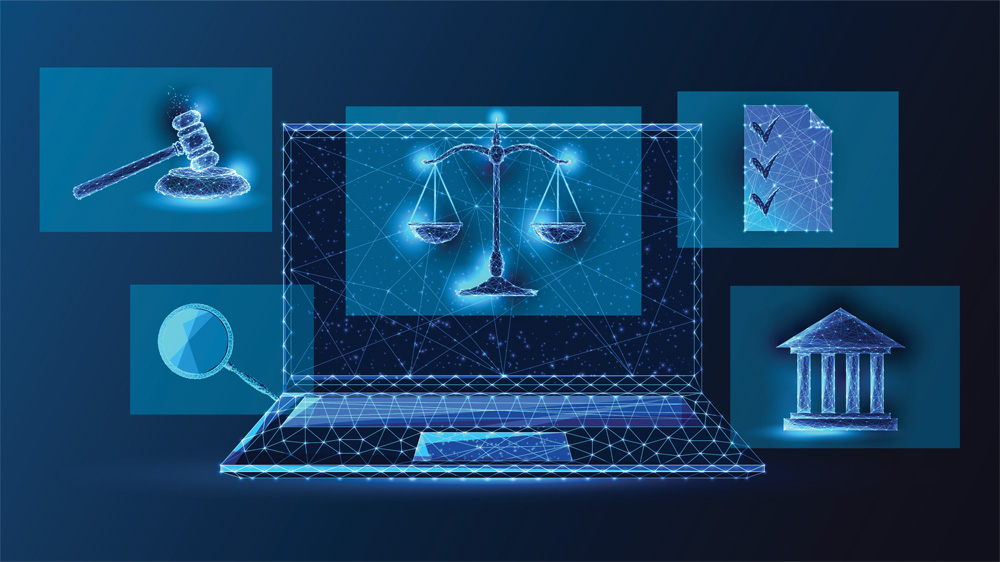 Digital illustration: Concept of online legal advice, attorney service in futuristic glowing low polygonal style on dark blue background.