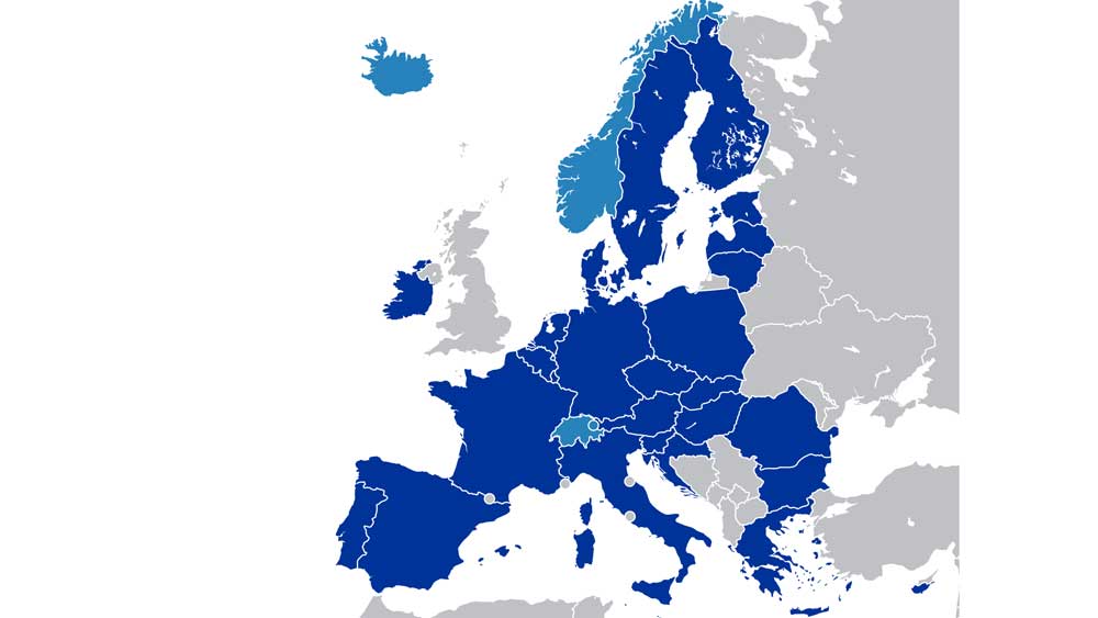 Kart over Europa der EUs medlemsland er farget mørk blå, andre land som omfattes av bevegelsesfritheten (deriblant Norge) farget lys blå, og øvrige land farget grå.