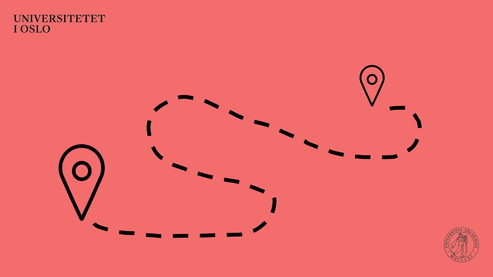 Abstrakt illustrasjon, viser to symboler for kartpunkt, med stiplet, snirklete linje mellom dem. Skal symbolisere at veien til mål ofte ikke er rett frem.