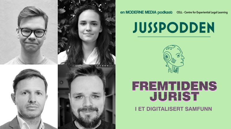 Front page for the podcast "Jusspodden" series "Fremtidens jurist i et digitalisert samfunn".