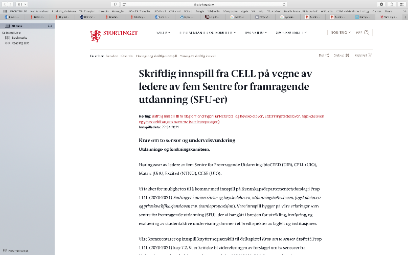 Screenshot from The Parliament of Norway's web page showing a note from CELL