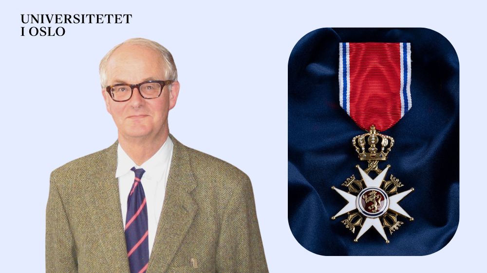 Photograph of a man with glasses, photograph of the St Olav's Order for men against a light blue background. UiO logo in the left corner.
