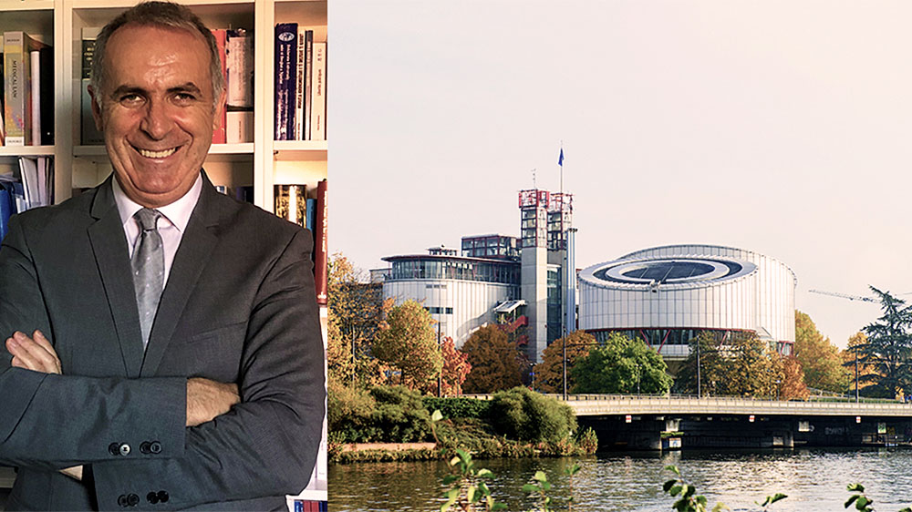 Split image: To the right, a portrait photo of Professor Ledi Bianku in front of a bookshelf, dressed formally in a suit; on the right, an image of the outside of the European Court of Human Rights