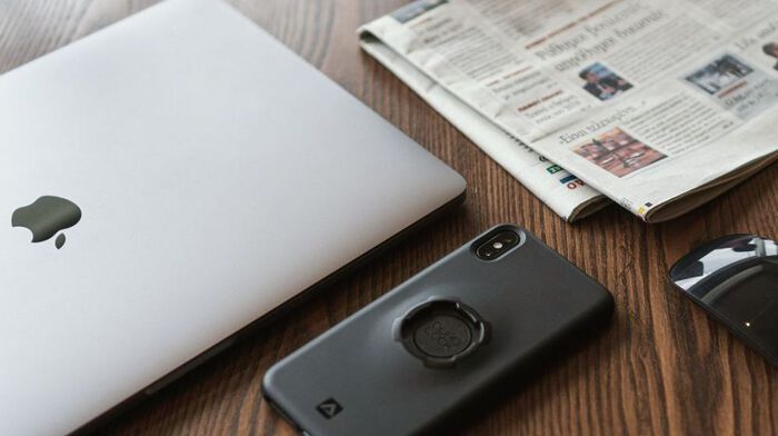 pc, phone, silver, black, table, newspaper
