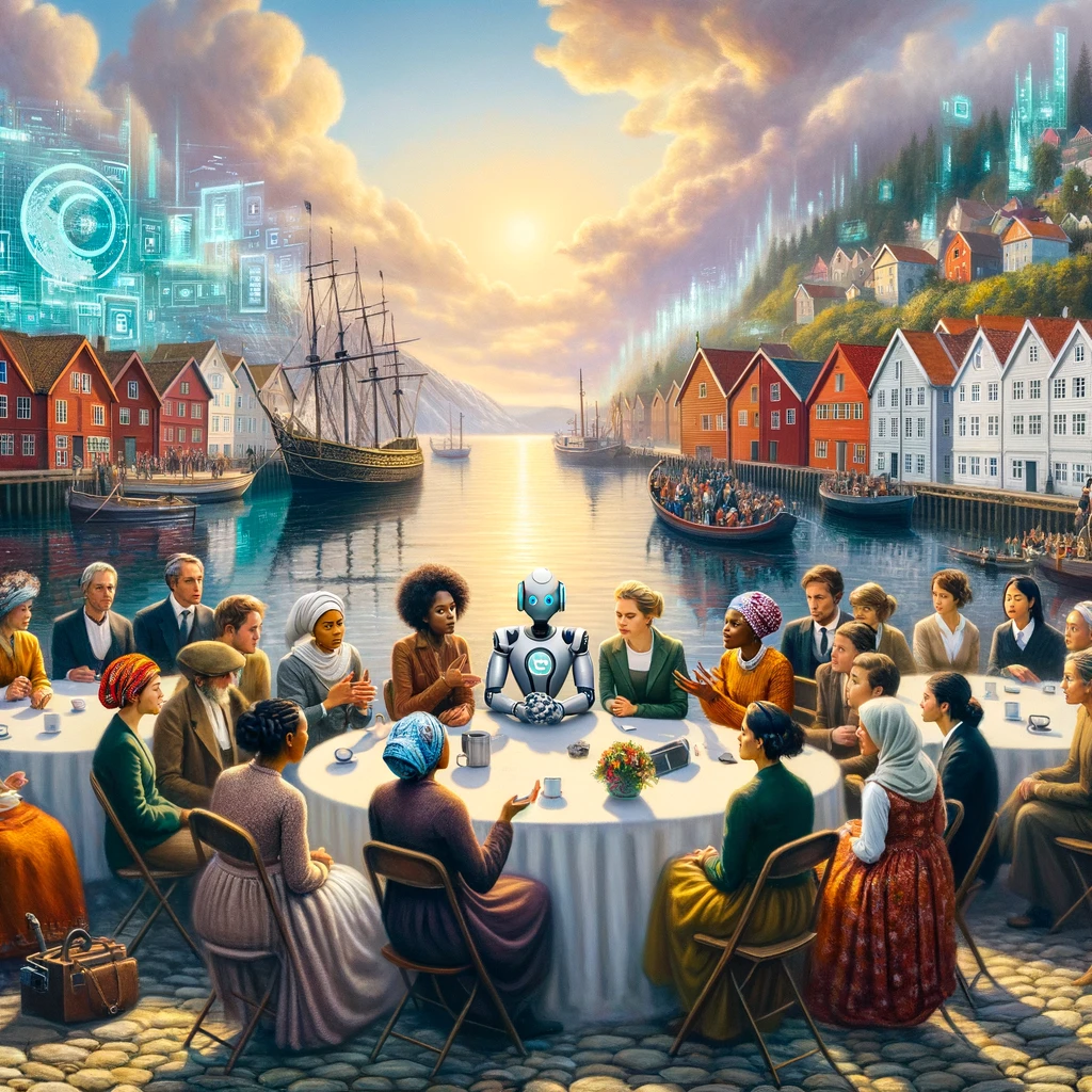 An engaging discussion on AI regulation in Norway takes place in a picturesque harbor, led by women with diverse backgrounds, alongside participants and robots, against a backdrop blending traditional Norwegian architecture with futuristic elements.