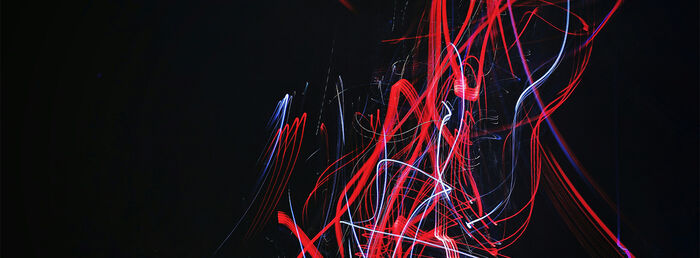 Red and black graphic illustration of lights.