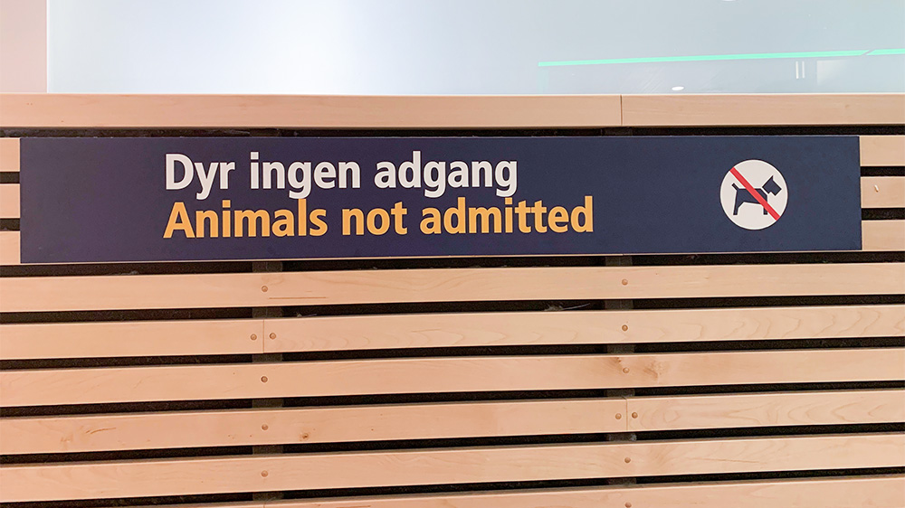Sign at the airport in Oslo that says "animals no entry". in addition, a picture with a dog with a line across it is shown.