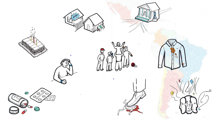 A drawn illustration of drugs, a thinking man, a blood-stained shirt, a birthday cake and other images overlaid a map of Central and South America