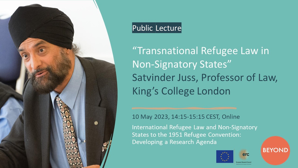 Photo of Prof. Satvinder on a green background with text reading: Public lecture: Transnational Refugee Law in Non-Signatory States
