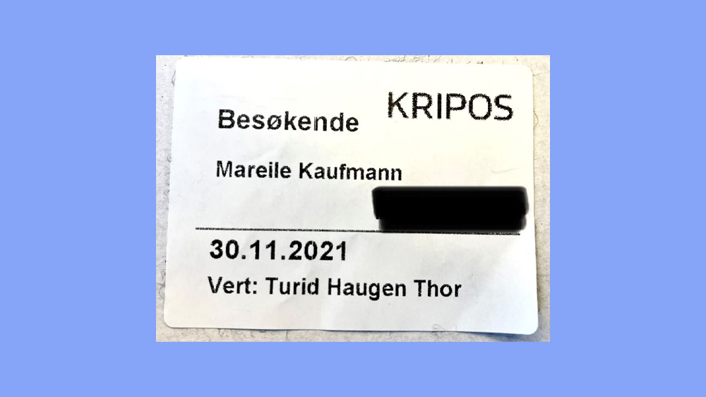 Visitor card at Kripos for Mareile Kaufmann.