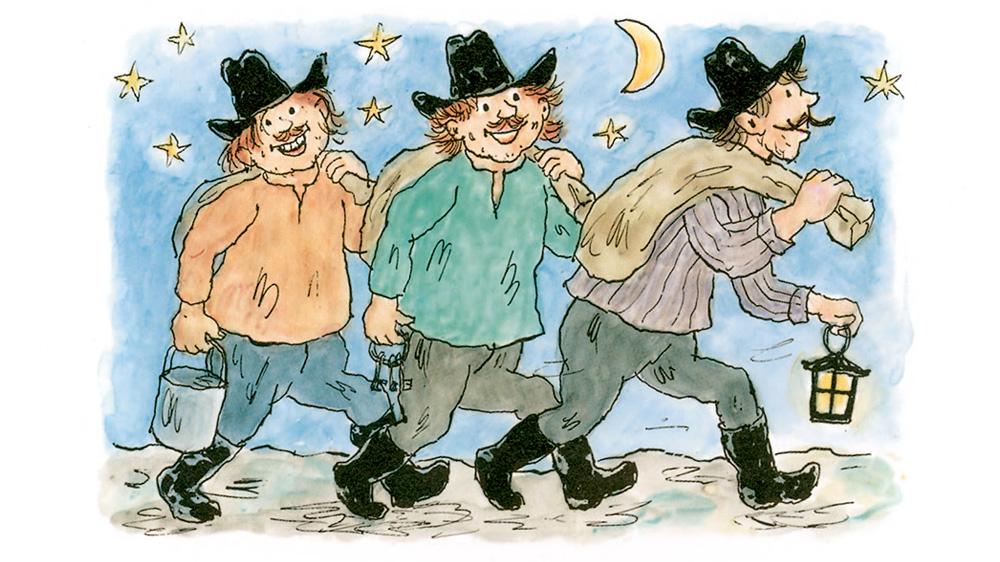 Thorbjørns Egner's drawing of the three robbers at night with lanterns and buckets in their hands, sacks over their shoulders and black hats on.