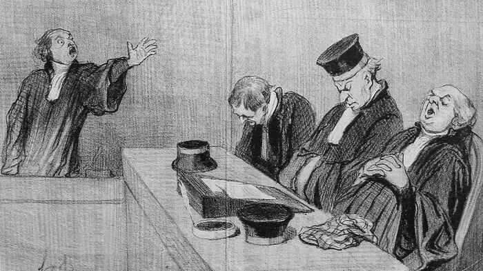 Lithograph by Honoré Daumier showing three judges sleeping and one standing and stretching out his arm towards these three.