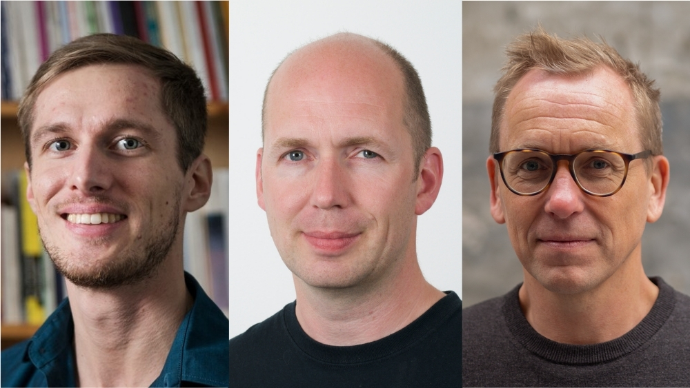 Portrettfoto av Robin Gålnander, Torbjørn Skardhamar og Sveinung Sandberg, tre voksne, hvite menn med nøytrale overdeler