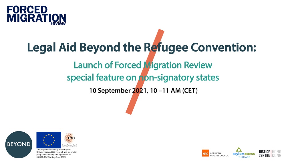 Illustrasjon med teksten "Legal Aid Beyond the Refugee Convention: Launch of Forced Migration Review special feature on non-signatory states".