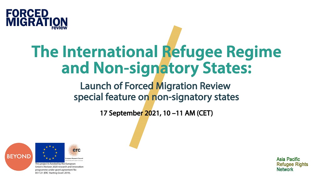 Illustrasjon med teksten "The International Refugee Regime and Non-signatory States: Launch of Forced Migration Review special feature on non-signatory states".