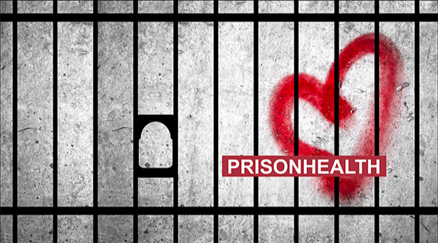 PRISONHEALTH-prosjektets fagmerke: Rødt hjerte bak fengselsgitter. 