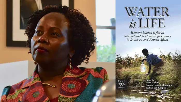 Portrait of Mbote next to book cover of "Water is Life"