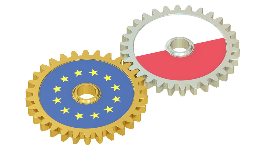 EU and Poland flags on a gears, 3D rendering isolated on white background