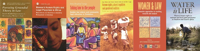 Collage of the book covers of the publications. From left: "traditional african" paintings, woman resting, women walking, drawings of different settings and photo of man collecting water 