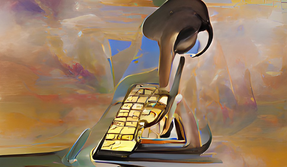 Nonfigurativt bilde i brunt, gult, blått og grått. Bildet er generet generert ved hjelp av kunstig intelligens (wombo.art) ut fra stikkordet “digital discrimination” og stilen S.Dahli.