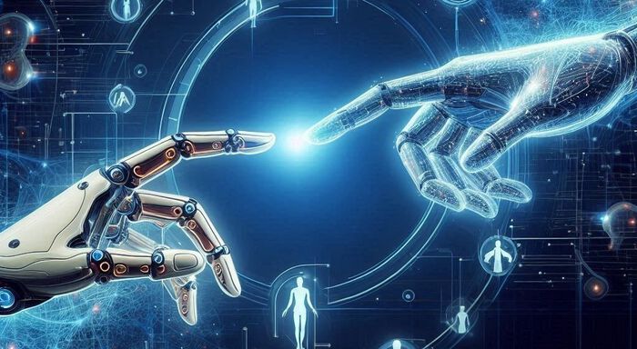 Bildet inneholder: robotarm og menneskehånd som møtes med data/galaktisk bakgrunn