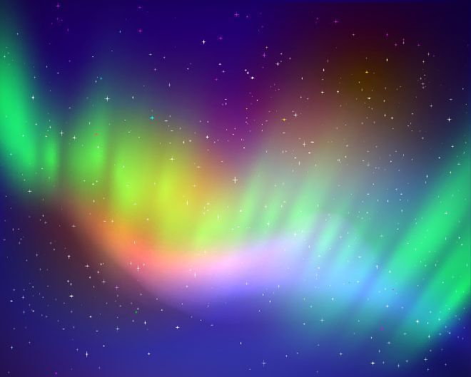 Illustrasjon av nordlys på himmelen i blått, grønt, gult og fiolett.