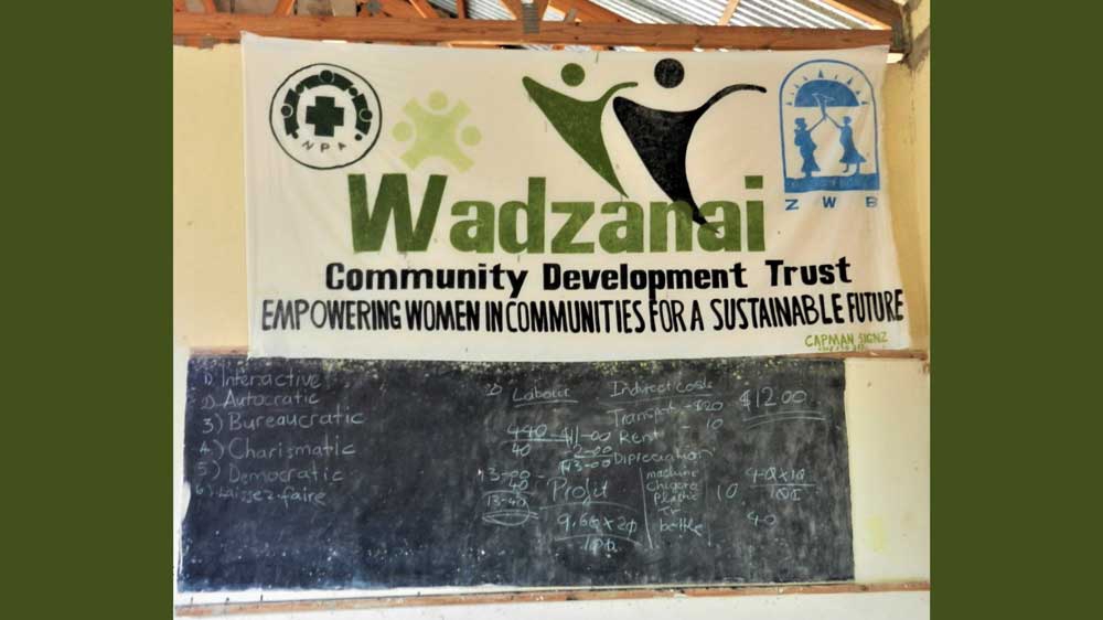 Et banner med påskriften "Wadzanai Comunity Development Trust, Empowering Women in Communities for a sustaiable future". Hengende over en tavle i et undervisningslokale.