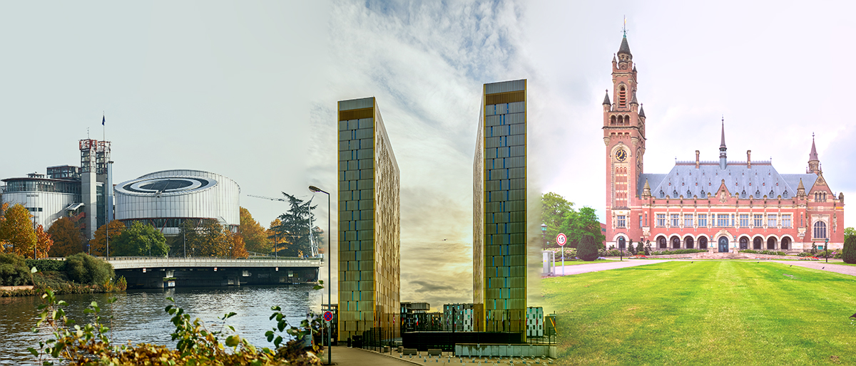 Illustration photo for three international courts: The European Court of Human rights, The European Court of Justice, and the International Criminal Court. 