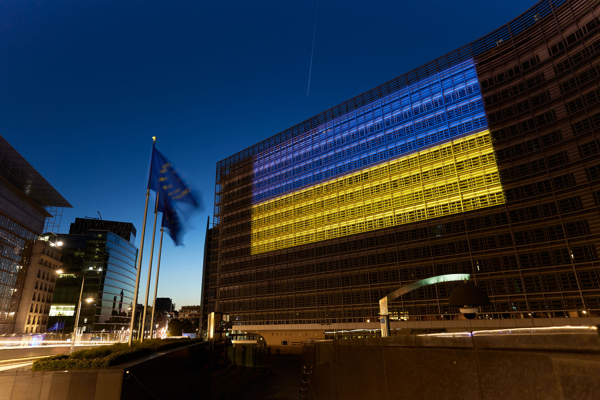 On 8 May 2022, the Berlaymont building was illuminated in blue and yellow to show EU support for Ukraine following Russia's military aggression against Ukraine
