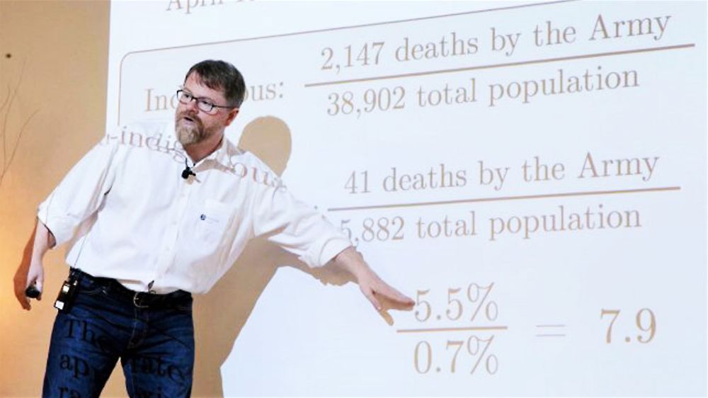 Patrick Ball gesturing to a powerpoint slide presenting statistics on death rates in a conflict area.