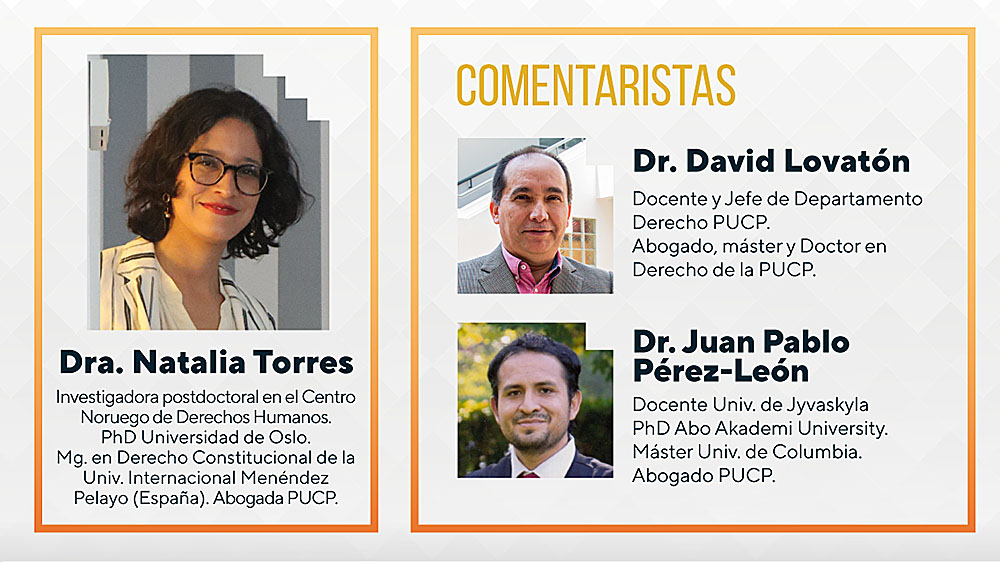 Event poster featuring headshots of the three speakers and their titles in Spanish