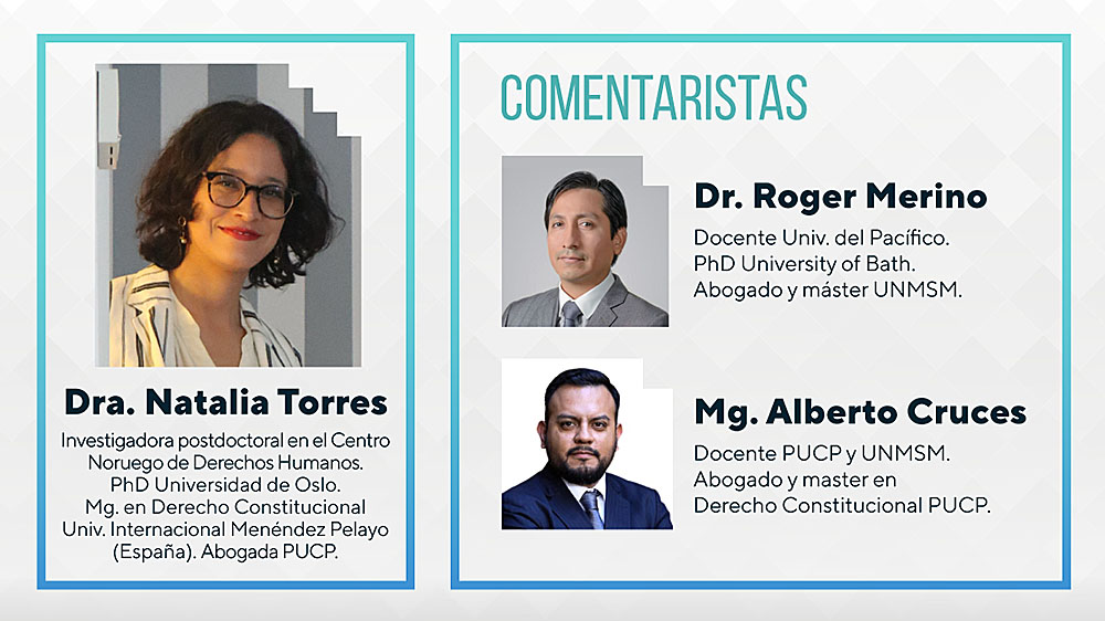 Event poster featuring headshots of the three speakers, with their titles in Spanish