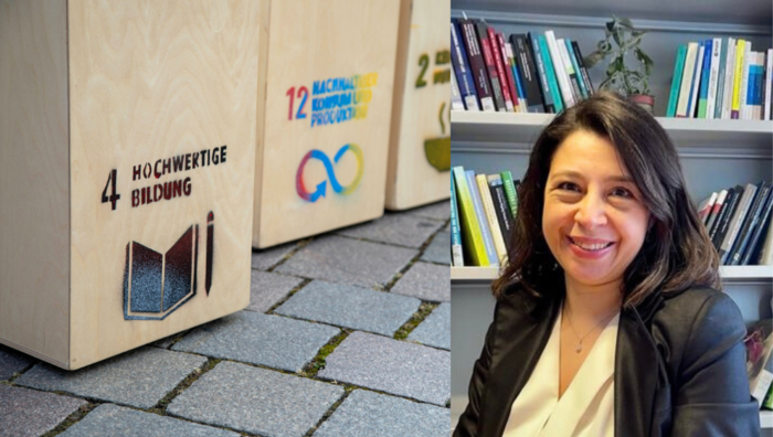image of a wooden box with the SDG number 4, next to a box with SDG number 12. To the left of the header is a picture of a woman with brown hair smiling, sitting in front of a bookself, she is wearing a white blouse and a blackblazer 