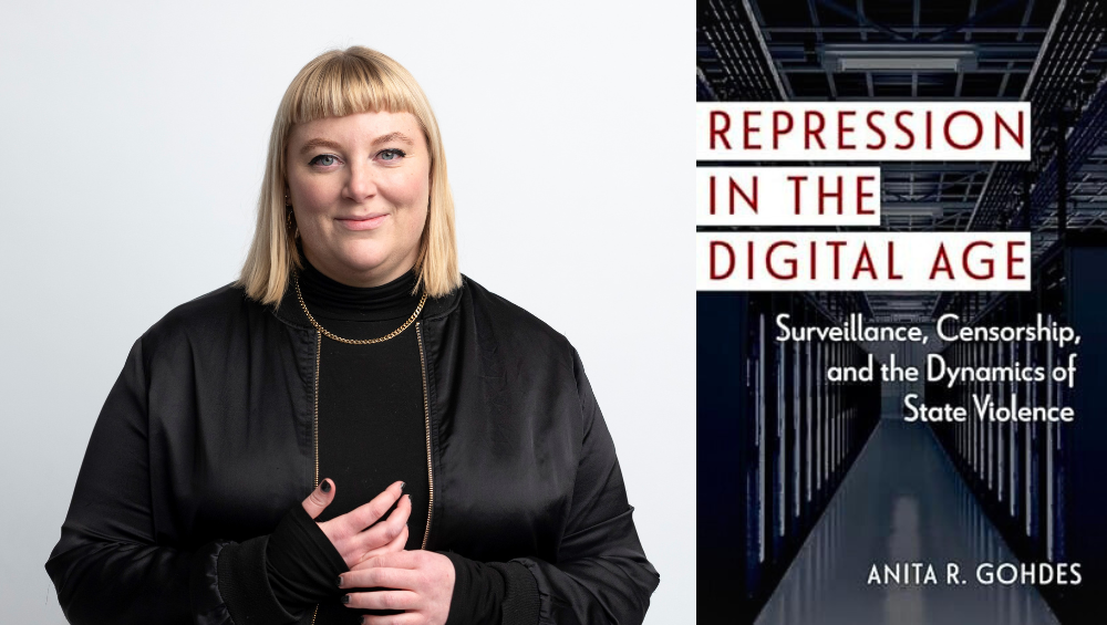 Woman smiling with short blonde hair, wearing a black top and sweater. To the right is the book cover of a book titled 'Repression in the Digital Age' by Anita Gohdes