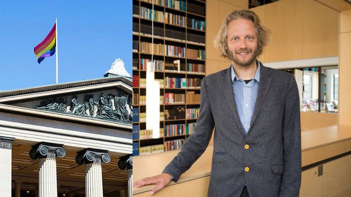 Jeroen Temperman and the pride flag at the University of Oslo. 