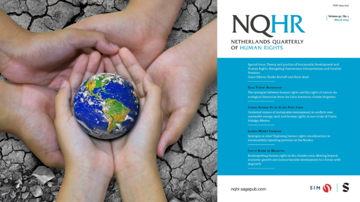 To the left: three sets of hands is holding a small model of the planet earth, against a background of grey, dry land. To the right: a picture of the cover of the special issue of the journal Netherlands Quarterly on Human Rights. 