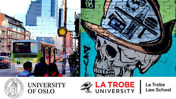 Picture to the left: people walkingon a busy road. Picture to the right: Street art of a skull on a brick wall.