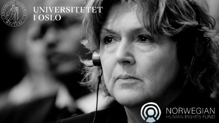 Picture of Mary Lawlor. UIO logo and Norwegian Human Rights Fund logo