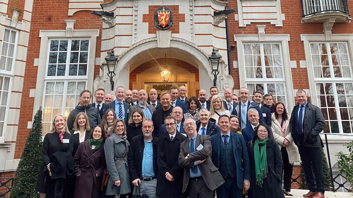 Group photo of Norwegian, British and Ukrainian colleagues outside the Norwegian Ambassador’s residence in London