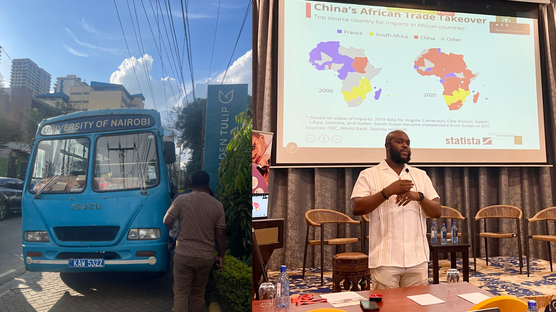 Two photos. on left: blue bus with "University of Nairobi" sign in front. On the right: Speaker in front of PowerPoint reading "China's African Trade Takeover"