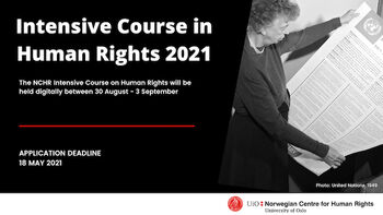 Graphic image with course title and a photo of Eleanor Roosevelt holding the UDHR