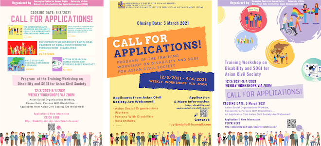 Colorful call for application for training workshop on disability and SOGI. Poster.