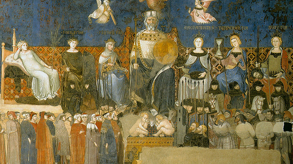 Painting of several people sitting next to each other on an ornate bench. The person in the centre is holding an orb and a scepter. Three women sits on each side of him, representing the different virtues of government.