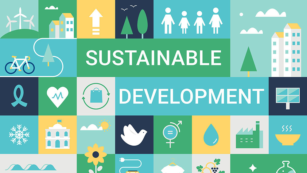 Illustration photo. Compilation of numerous small symbols representing different aspects of sustainable development.