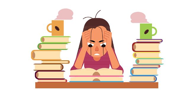 Tegning av student som stresser og leser til eksamen