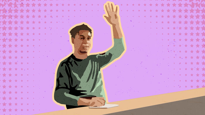 illustrasjon, student som rekker opp hånden